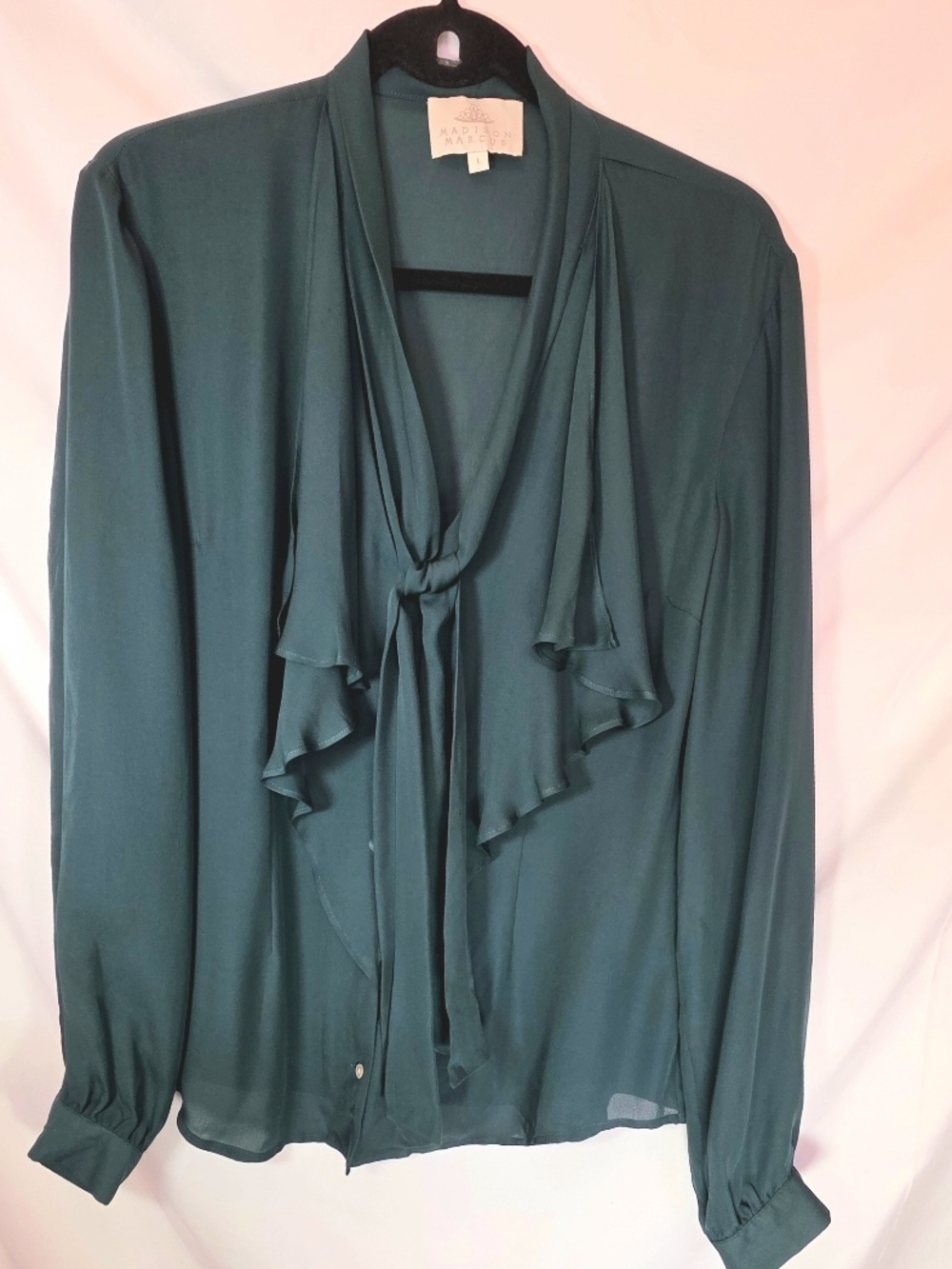 Madison Marcus Silk Peplum Business Casual Tie Neck Ruffle Blouse Green Size L